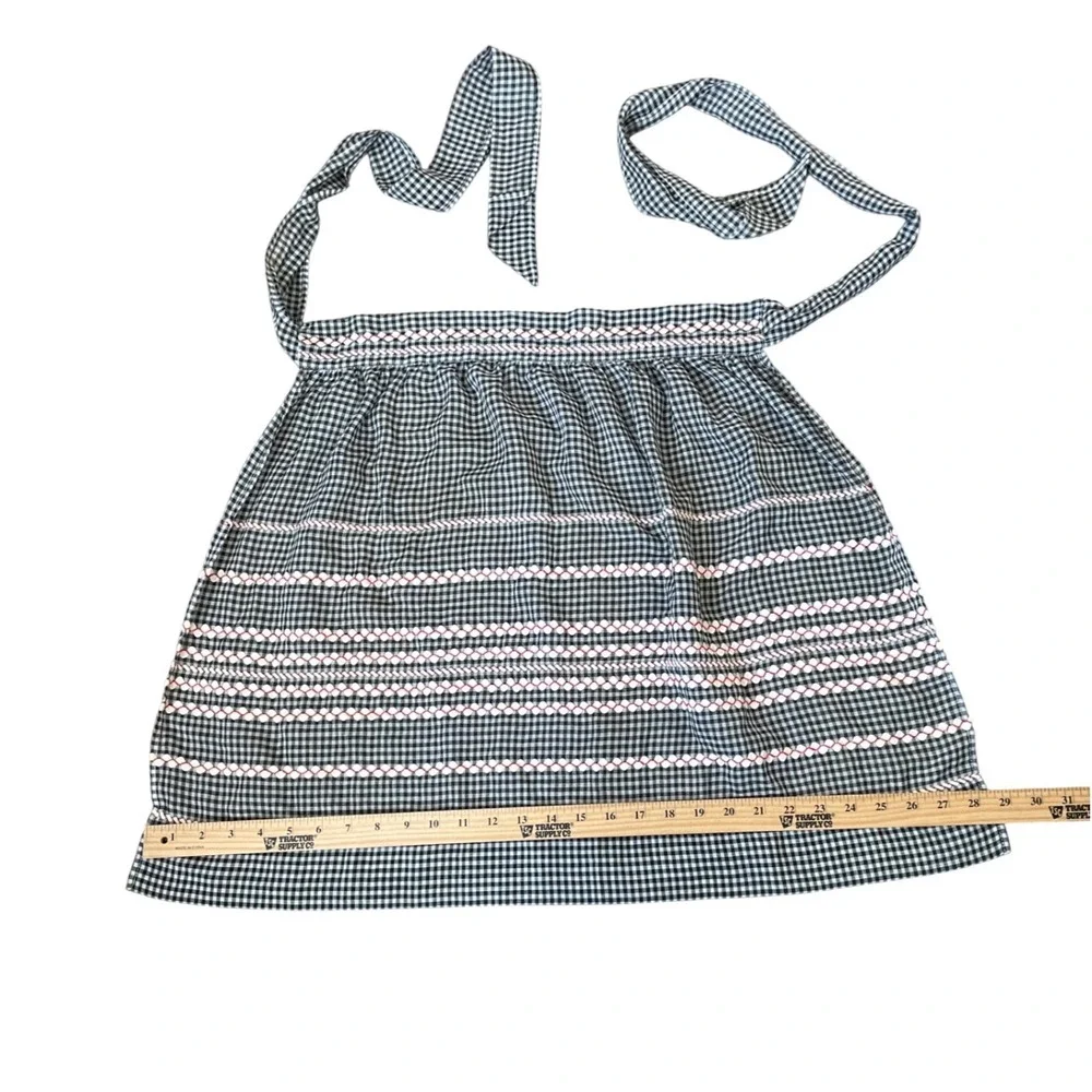 Vintage Handmade Black White Gingham Smocked Half Apron Red Trim Retro 50s Style